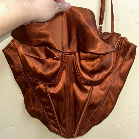 Burnt Orange/Copper Satin Corset Halter Top - Picture 8 of 11